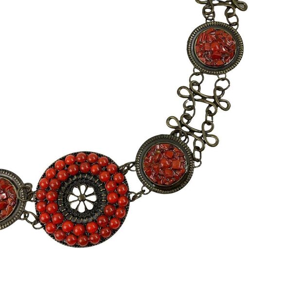Brass Tone Metal Chain Concho Belt Rust orange Stones Boho Artsy - Picture 4 of 7